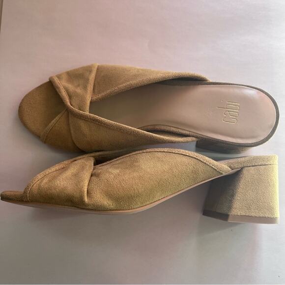 Cabi Mules Womens 7M Marigold Tan Block Heel Casual Slip Op Peep Toe Twisted Top - Picture 4 of 11